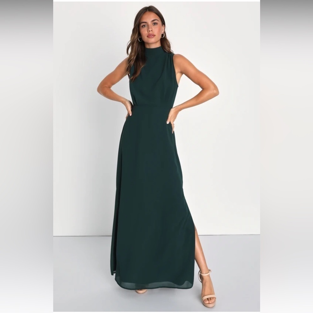 Lulus Classic Elegance Emerald Chiffon Sleeveless Mock Neck Maxi Dress